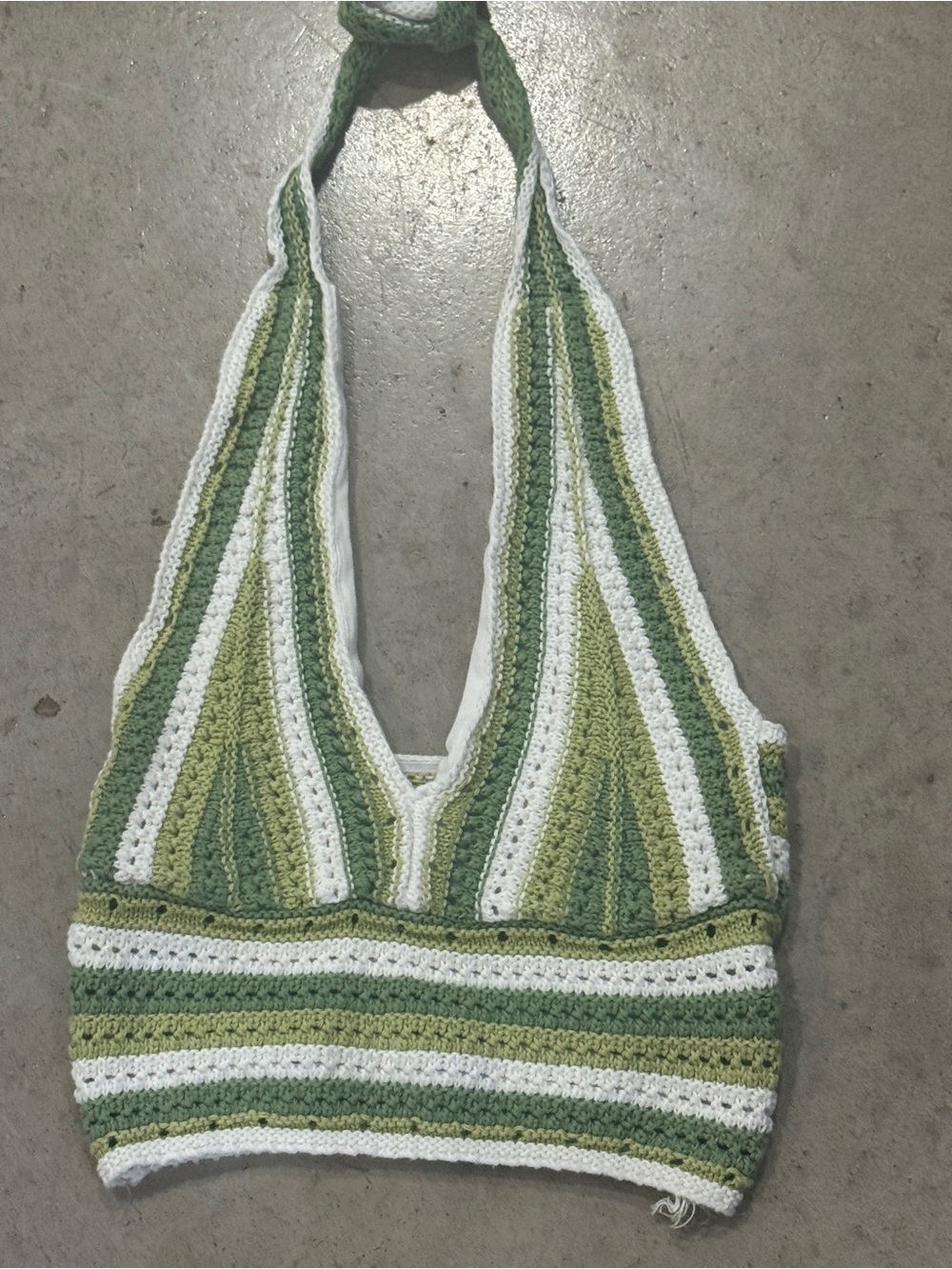 Green Crochet Halter Top - Striped Knit Tank